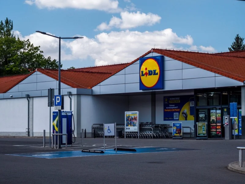 Exterior of a Lidl discount supermarket with parking area